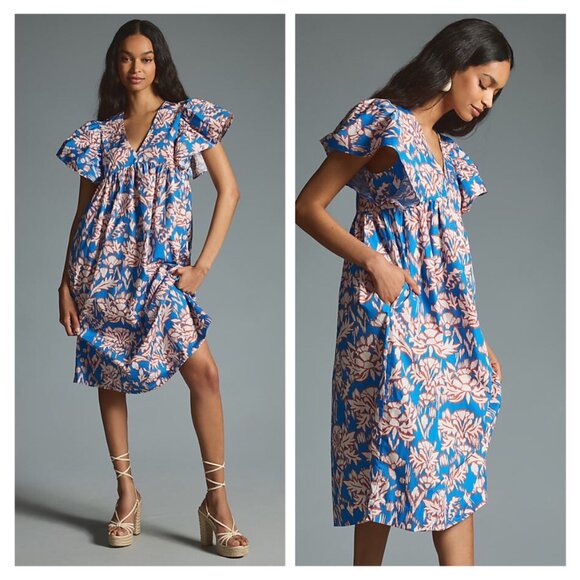 NWT Anthropologie Maeve Printed Flutter-Sleeve Babydoll Dress Blue - Picture 2 of 4